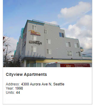 Photo of City View Apartments. Address: 4300 Aurora Ave N, Seattle. Year: 1998. Units: 44.