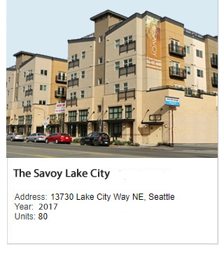 Photo of The Savoy at Lake City. Address: 13730 Lake City Way NE, Seattle. Year: 2017. Units: 80.