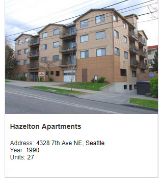 Photo of Hazelton Apartments, a real estate development project by Steve Smith. Address: 4328 7th Ave NE, Seattle. Year: 1990. Units: 27.