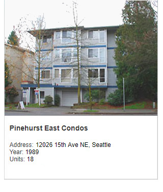 Photo of Pinehurt East Condos. Address: 12026 15th Ave NE, Seattle. Year: 1989. Units: 18.