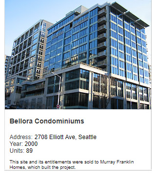 Photo of Bellora Condominiums. Address: 2708 Elliott Ave, Seattle. Year: 2000. Units: 89. Note: This site and its entitlements were sold to Murray Franklin Homes, which built the project.
