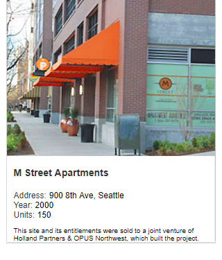 Photo of M Street Apartments. Address: 900 8th Ave, Seattle. Year: 2000, Units: 150. Note:  This site and its entitlements were sold to Holland Partners & OPUS Northwest, which built the project.