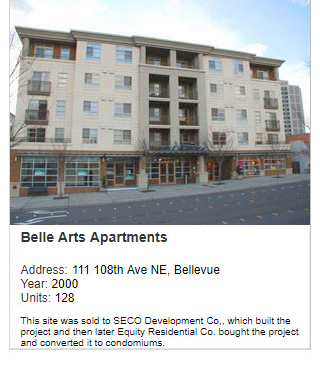 Photo of Belle Arts Apartments. Address: 111 108th Ave NE, Bellevue. Year: 2000. Units: 128. Note: This site was sold to SECO Development Co., which built the project and then later Equity Residential Co. bought the project and converted it to condominiums.