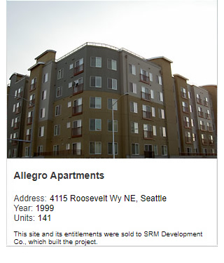 Photo of Allegro Apartments. Address: 4115 Roosevelt Way NE, Seattle. Year: 1999. Units: 141. Note: This site and its entitlements were sold to SRM Development Co., which built the project.