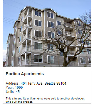 Photo of Portico Apartments. Address: 404 Terry Ave, Seattle 98104. Year: 1999. Units: 45.  Note: This site and its entitlements were sold to another developer, who built the project.