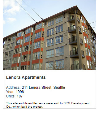 Photo of Lenora Apartments. Address: 211 Lenora Street, Seattle. Year: 1998. Units: 107.    Note: This site and its entitlements were sold to SRM Development Co., which built the project.