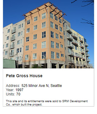 Photo of Pete Gross House. Address: 525 Minor Ave N, Seattle. Year: 1997. Units: 70.   Note: This site and its entitlements were sold to SRM Development Co., which built the project.