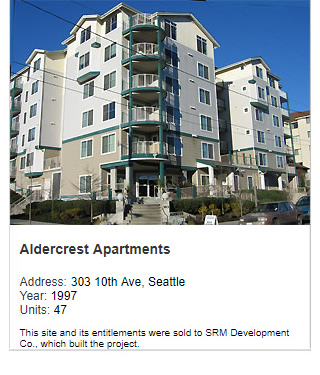 Photo of Aldercrest Apartments. Address: 303 10th Ave, Seattle. Year: 1997. Units: 47.  Note: This site and its entitlements were sold to SRM Development Co., which built the project.