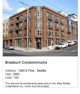 Photo of Braeburn Condominiums. Address: 1400 E Pine, Seattle. Year: 2003. Units: 153. Note: This site and its entitlements were sold to HAL Real Estate Investments, Inc. which built the project.