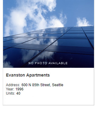 No photo available, Evanston Apartments. Address: 600 N 85th Street, Seattle. Year: 1996. Units: 40.