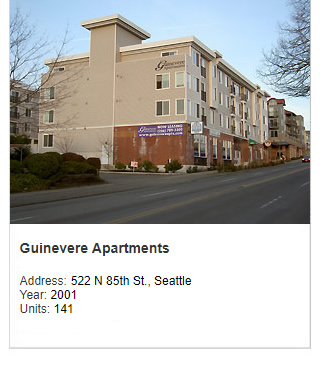 Photo of Guinevere Apartments. Address: 522 N 8th St., Seattle. Year: 2001. Units: 141.