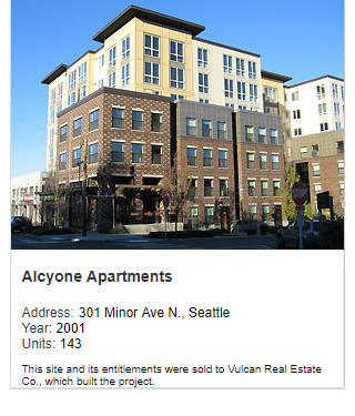 Photo of Alycone Apartments. Address: 301 Minor Ave N., Seattle. Year: 2001. Units: 143. Note: This site and its entitlements were sold to Vulcan Real Estate Co., which built the project.